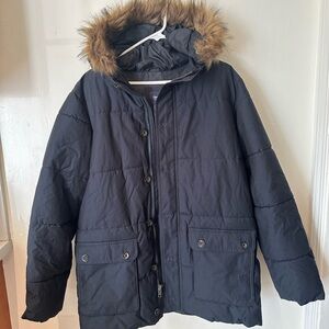 Gap dark blue Puffer Jacket with Faux Fur Hood
